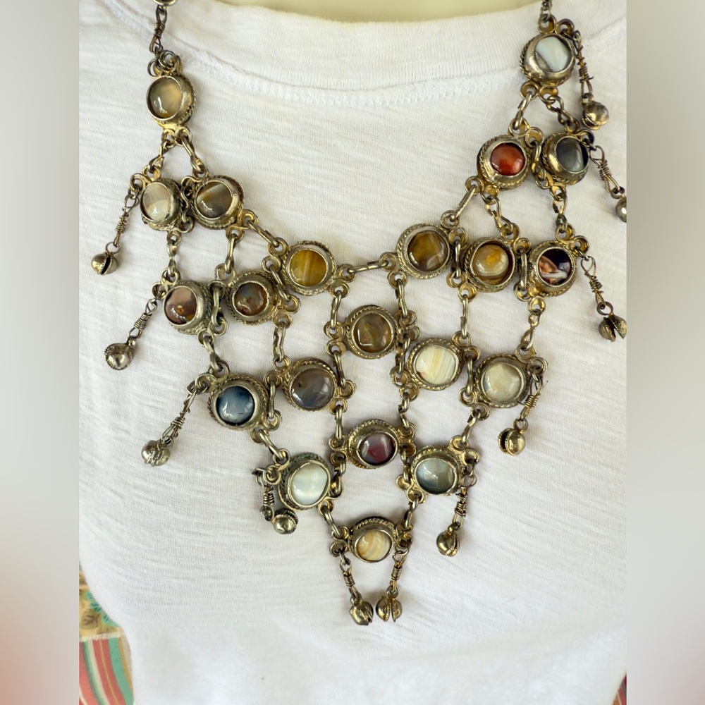 Vintage 70s Agate Boho Bib Collar Necklace